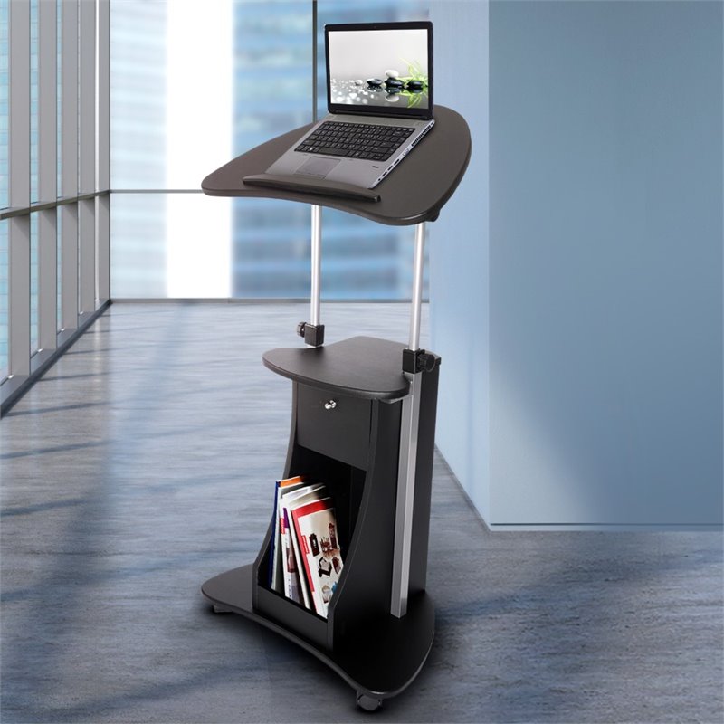 Pemberly Row Sit-to-Stand Rolling Laptop Cart With Storage in Black