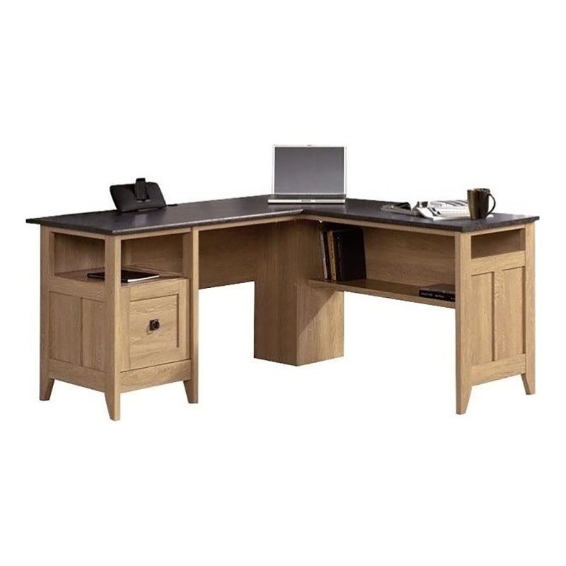 Pemberley Row Manufactured Wood Dover Oak Slate L-Shaped Desk Cable Management 59