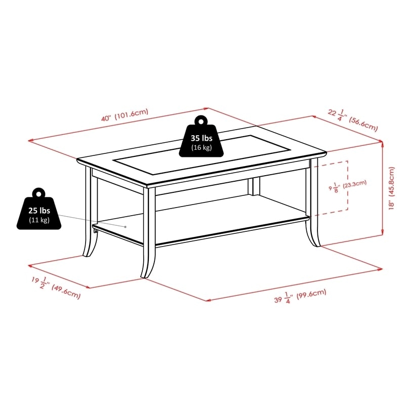 Pemberley Row Solid Wood Dark Espresso Coffee Table Rectangular Tempered Glass Inset 40
