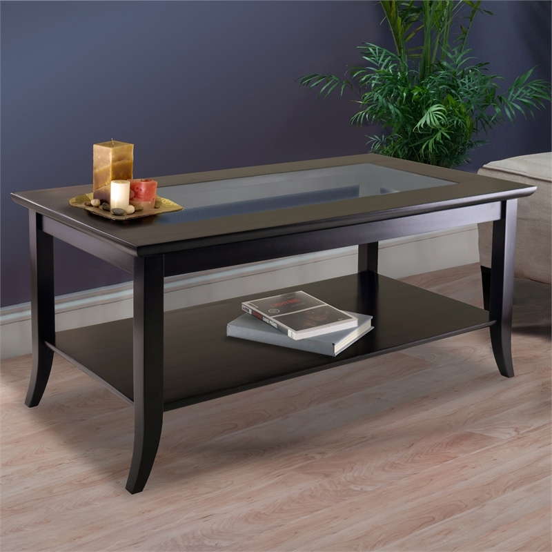 Pemberley Row Solid Wood Dark Espresso Coffee Table Rectangular Tempered Glass Inset 40