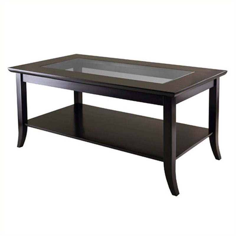 Pemberley Row Solid Wood Dark Espresso Coffee Table Rectangular Tempered Glass Inset 40