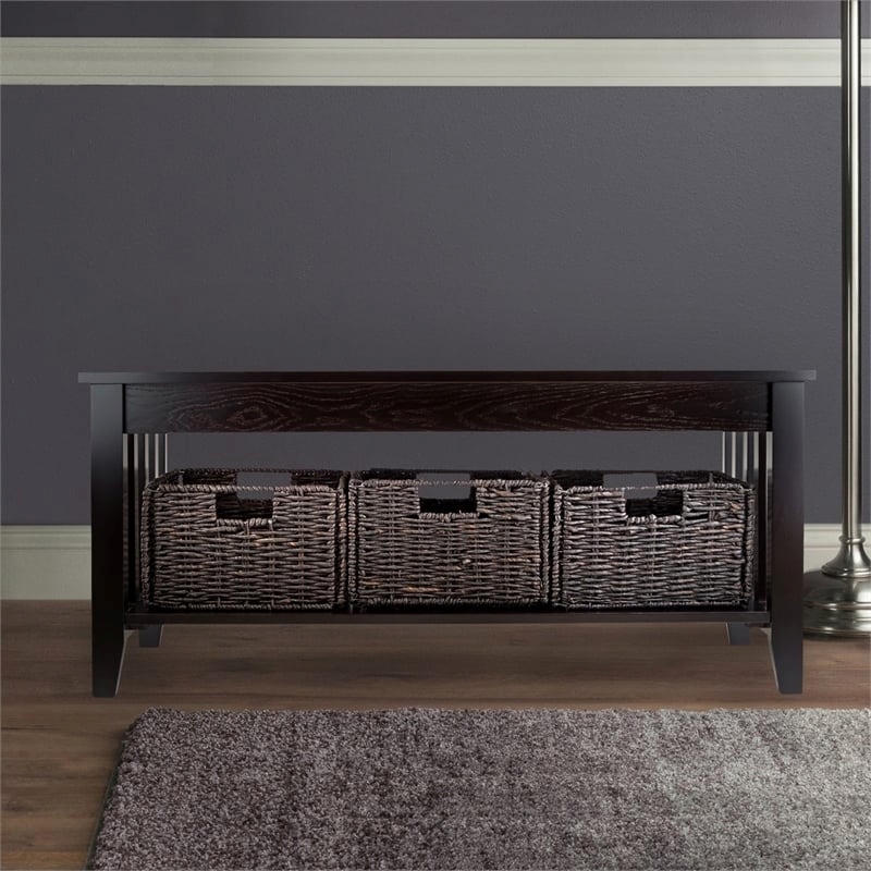 Pemberly Row Solid Wood Coffee Table w/ 3 Foldable Baskets in Espresso/Chocolate