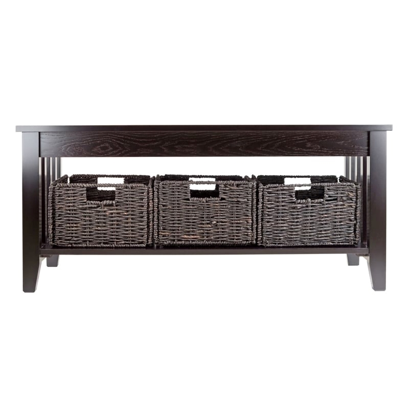 Pemberly Row Solid Wood Coffee Table w/ 3 Foldable Baskets in Espresso/Chocolate