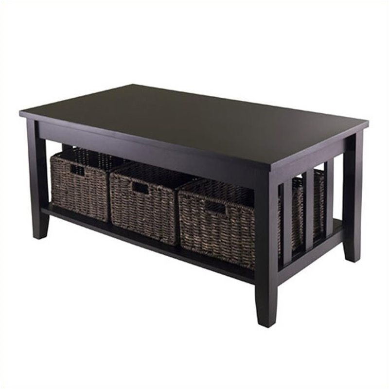 Pemberly Row Solid Wood Coffee Table w/ 3 Foldable Baskets in Espresso/Chocolate
