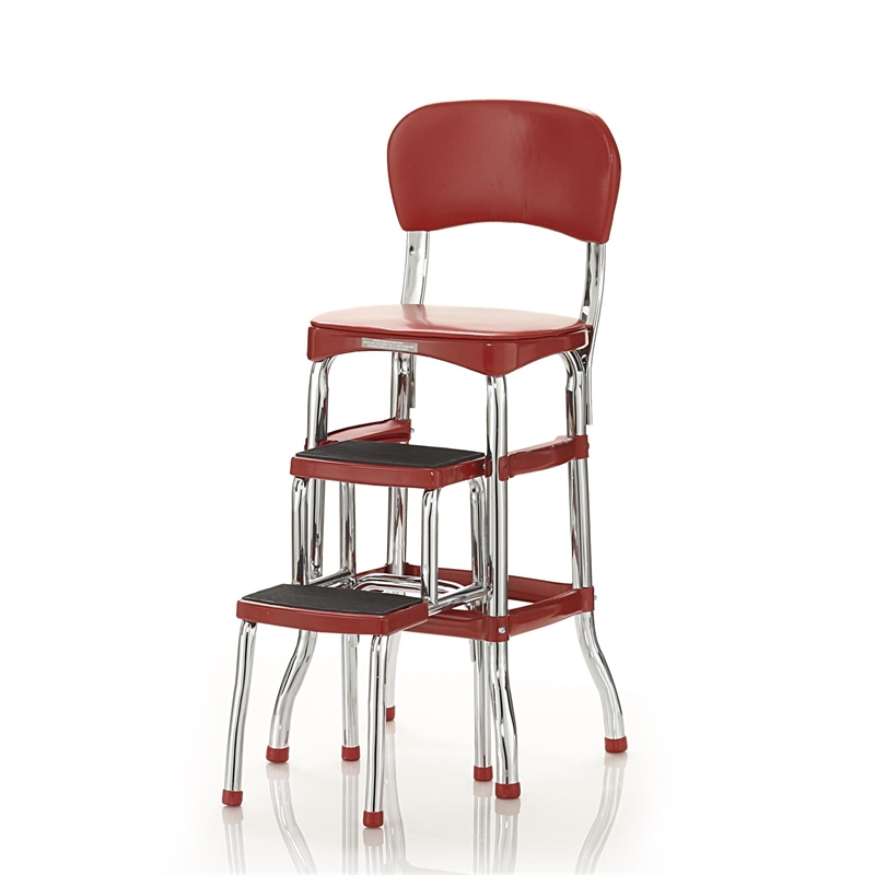 Pemberly Row Red Retro Counter Chair with Pull Out Step Stool