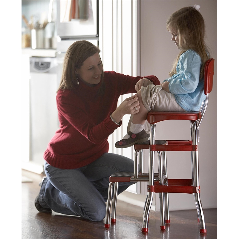 Pemberly Row Red Retro Counter Chair with Pull Out Step Stool