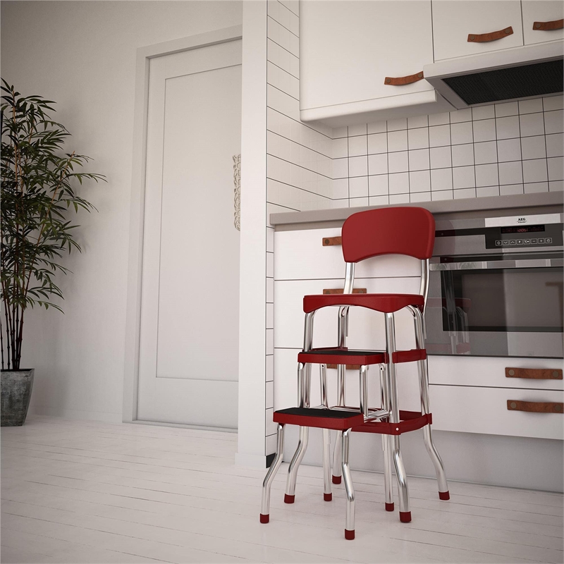 Pemberly Row Red Retro Counter Chair with Pull Out Step Stool
