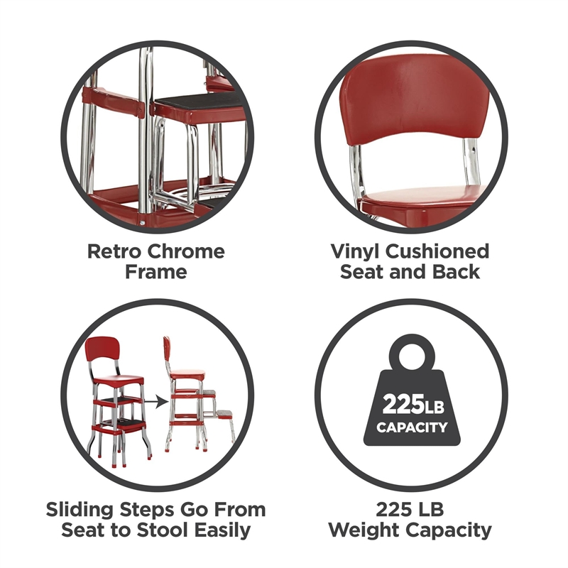 Pemberly Row Red Retro Counter Chair with Pull Out Step Stool