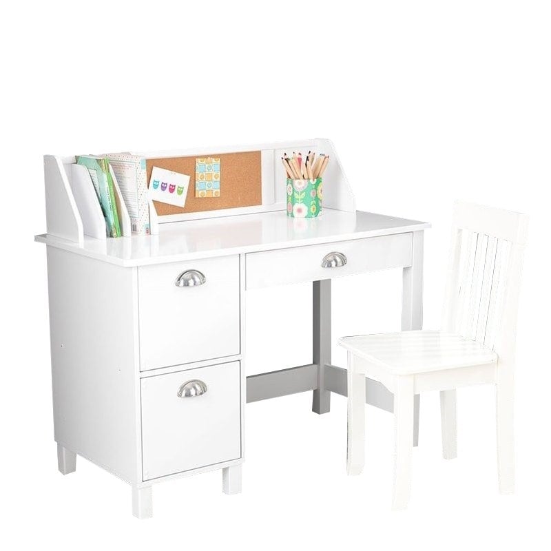 Pemberly Row Wood and MDF Writing Desk with Chair in White Finish