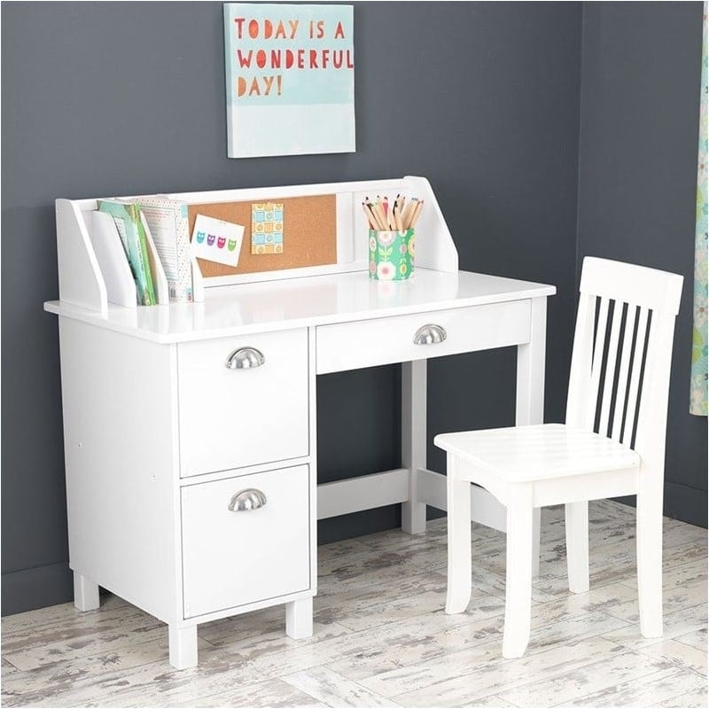 Pemberly Row Wood and MDF Writing Desk with Chair in White Finish