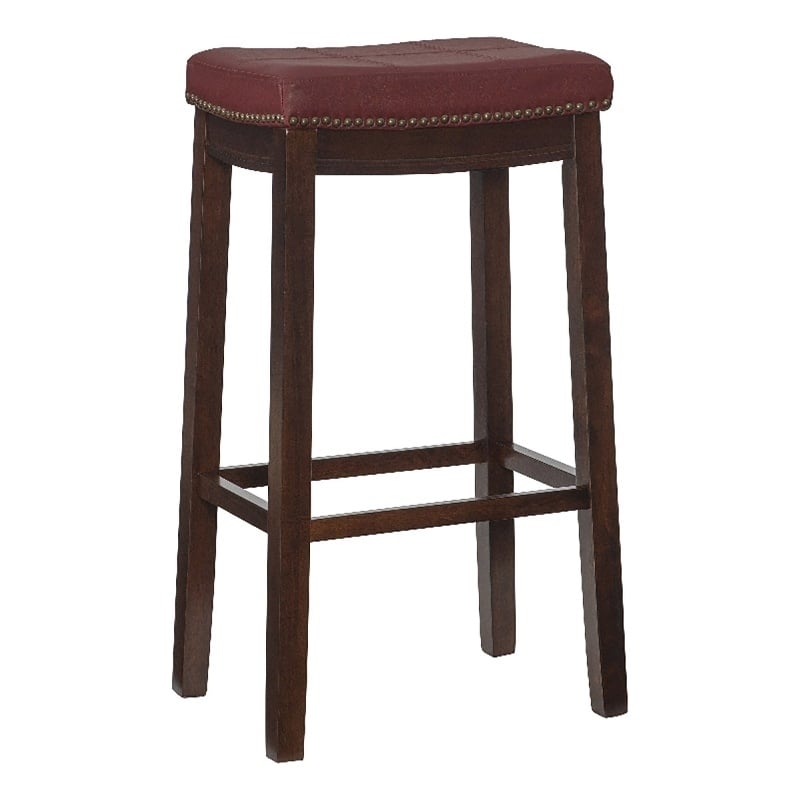 Pemberley Row Faux Leather Red Bar Stool Rectangular Antiqued Nail Head 32