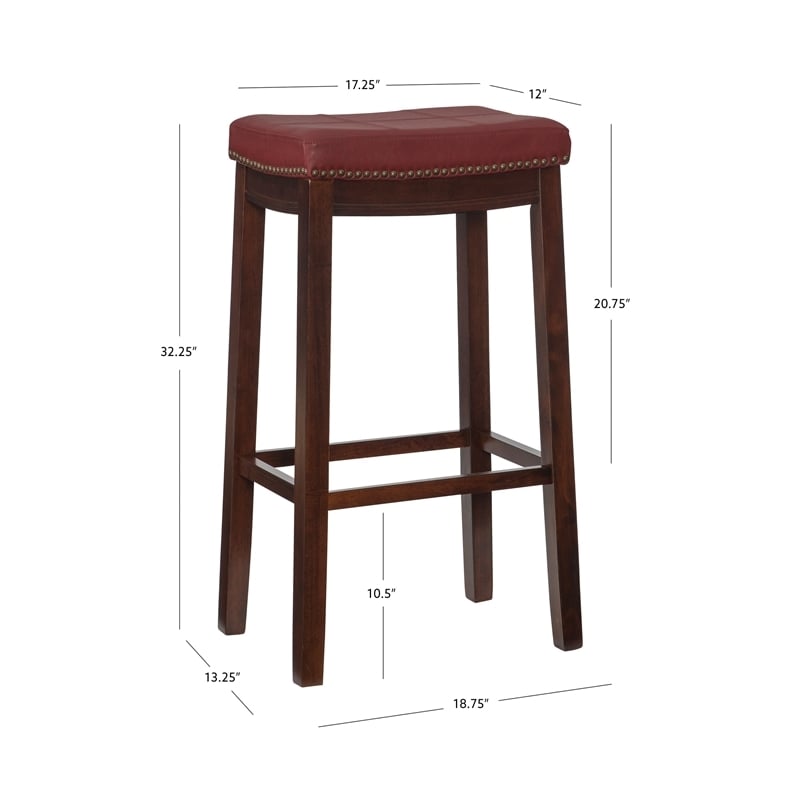 Pemberley Row Faux Leather Red Bar Stool Rectangular Antiqued Nail Head 32