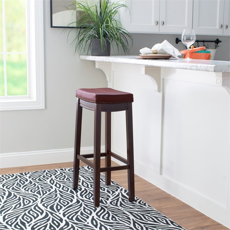 Pemberley Row Faux Leather Red Bar Stool Rectangular Antiqued Nail Head 32