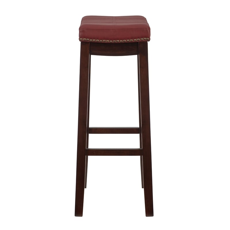 Pemberley Row Faux Leather Red Bar Stool Rectangular Antiqued Nail Head 32