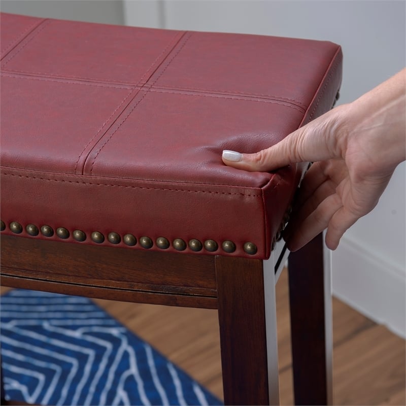 Pemberley Row Faux Leather Red Bar Stool Rectangular Antiqued Nail Head 32
