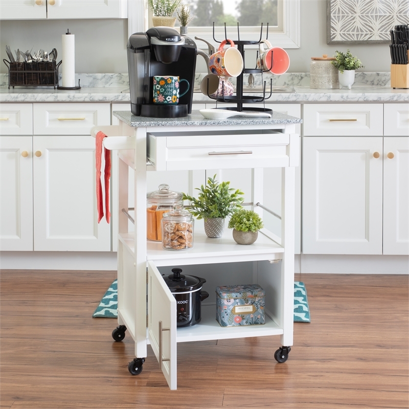 Pemberley Row Granite Top Bright White Kitchen Cart Rectangular Durable