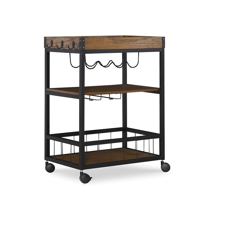 Pemberly Row Wood Rolling Bar Cart with Wine and Glass Rack in Black