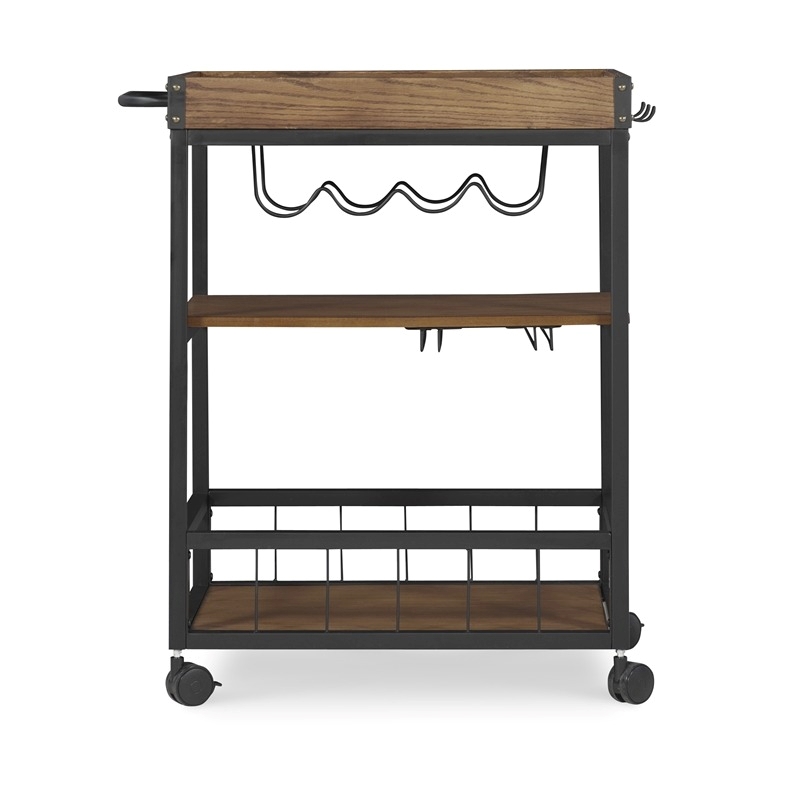 Pemberly Row Wood Rolling Bar Cart with Wine and Glass Rack in Black