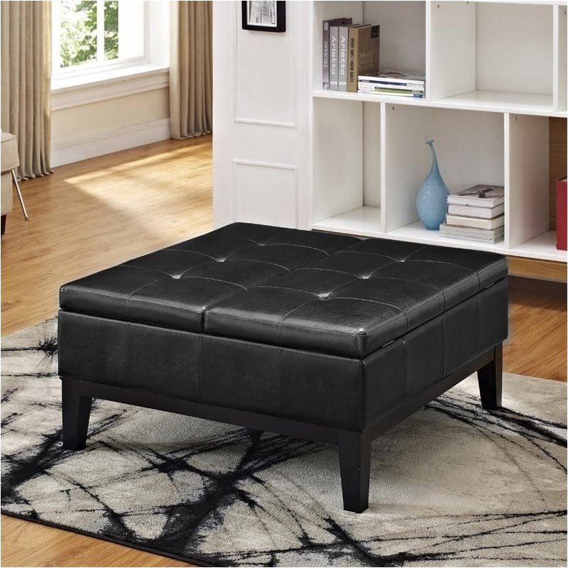 Pemberly Row Faux Leather Coffee Table Storage Ottoman in Black