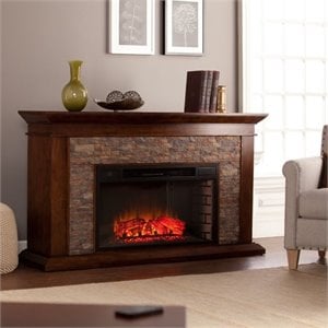 Pemberley Row Rubberwood Maple Electric Fireplace Rectangular Faux Stone Surround 60&quot Unassembled
