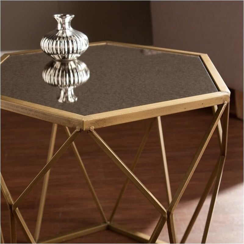 Pemberly Row Geometric Accent End Table in Gold with Antique Mirror
