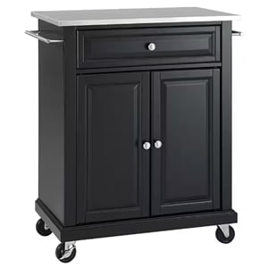 Pemberly Row Traditional Wood Kitchen Cart with Stainless Steel Top in Black