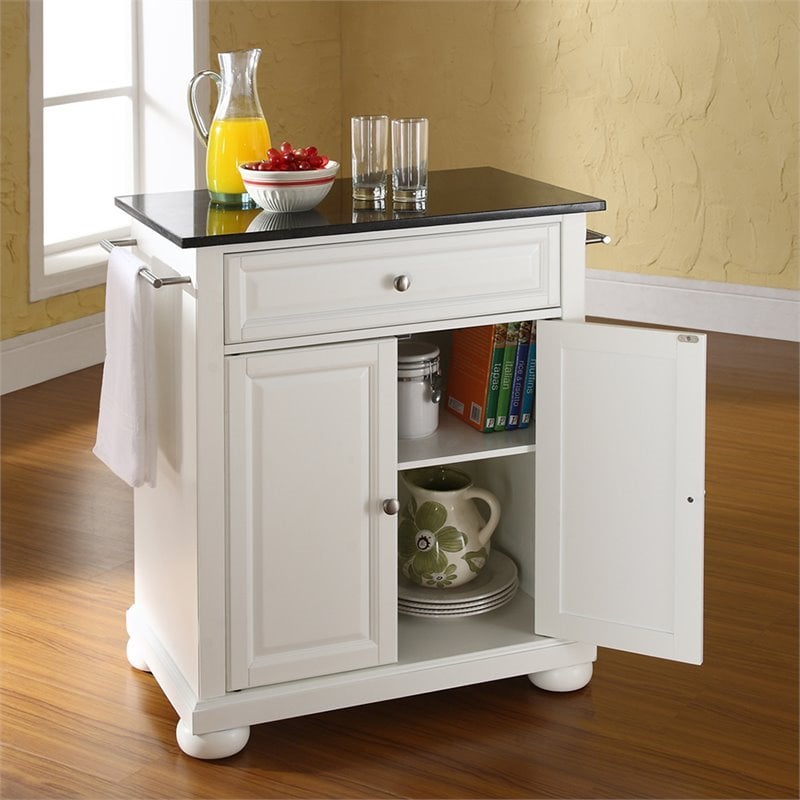 Pemberly Row Black Granite Top Kitchen Island in White