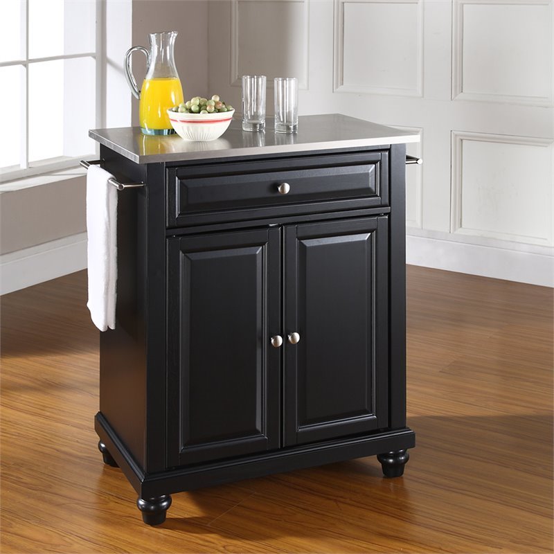 Pemberly Row Stainless Steel Top Black Kitchen Island
