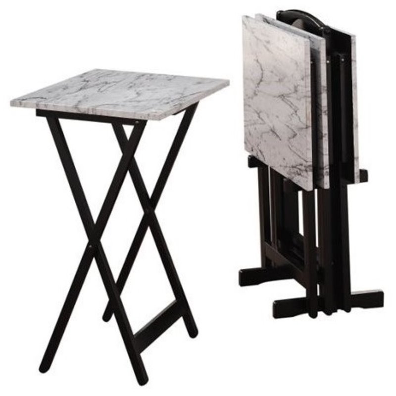 Pemberley Row Faux Marble White/Black Folding Tray Table Set Rectangular 26.38