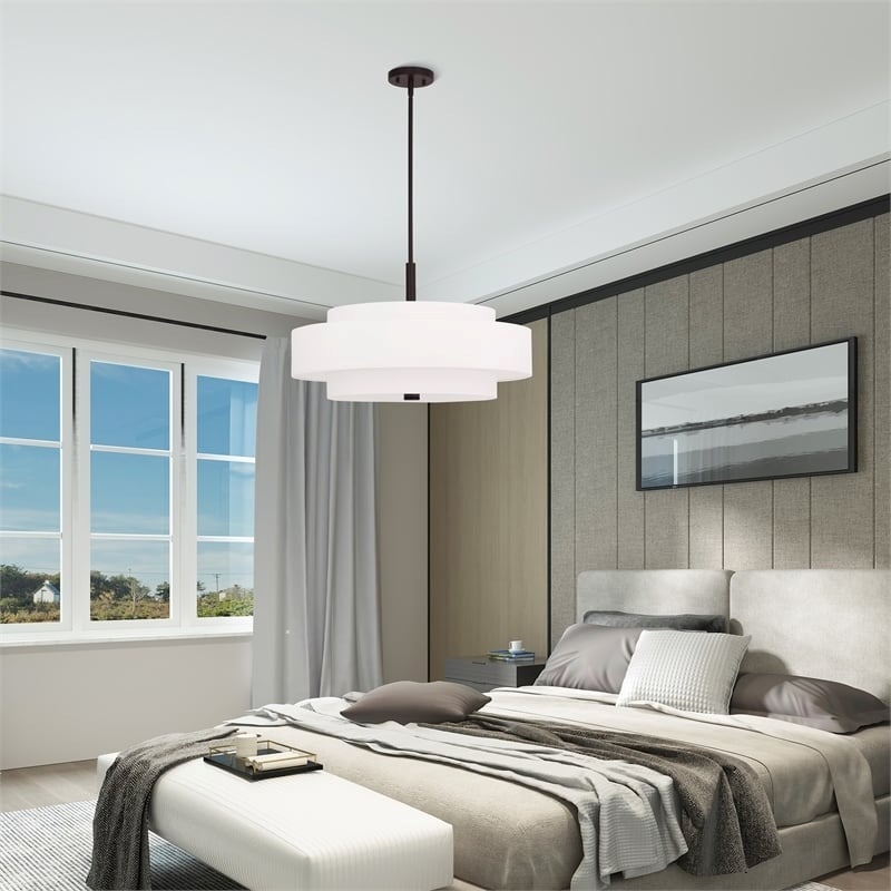 Pemberly Row 5-Light Mid-Century Metal & Fabric Pendant in Bronze/Off White
