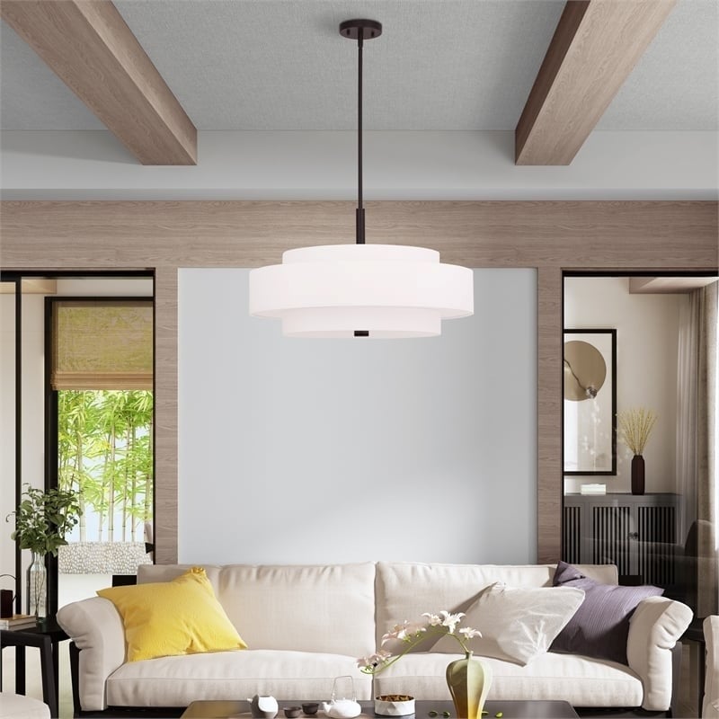Pemberly Row 5-Light Mid-Century Metal & Fabric Pendant in Bronze/Off White