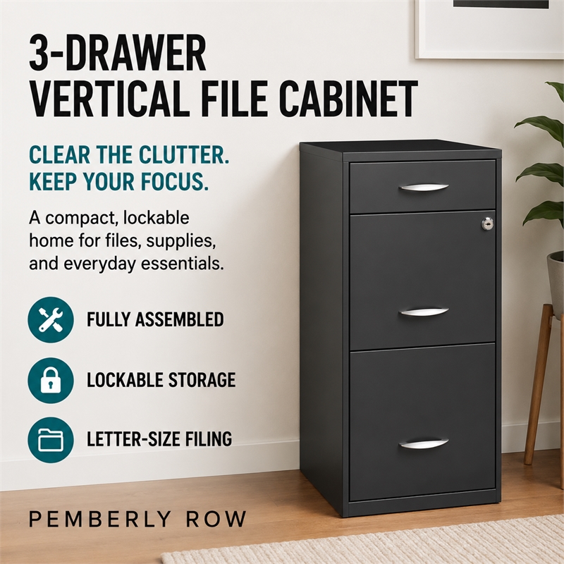 Pemberley Row Metal Charcoal Filing Cabinet Vertical 3-Drawer 27.32