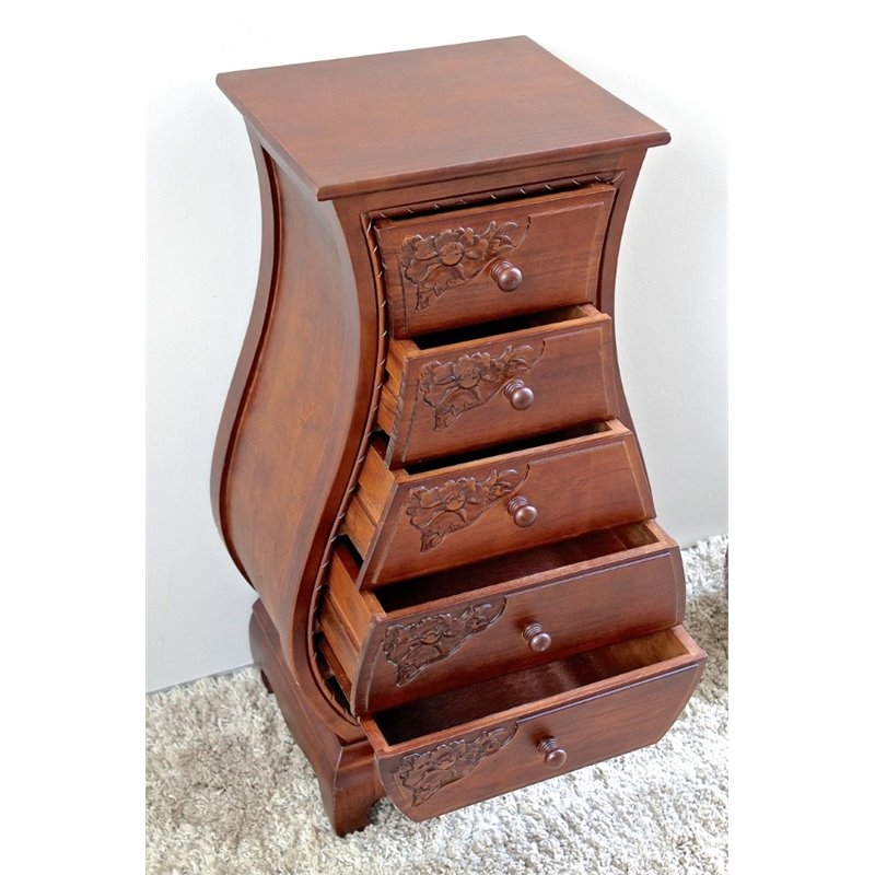 Pemberly Row Contemporary 5-Drawer Wood Bombe Chest in Walnut Stain
