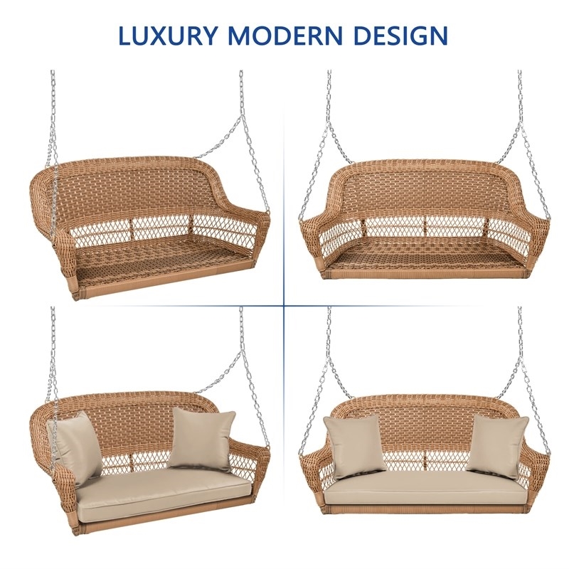 Pemberley Row Resin Wicker Honey Tan Hanging Porch Swing Water Resistant 52