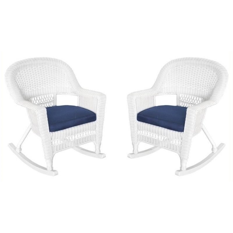 Pemberly Row Wicker / Rattan Rocker Chair in White/Blue (Set of 2)
