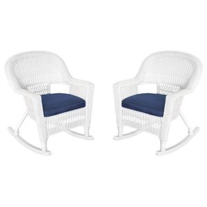 Pemberly Row Wicker / Rattan Rocker Chair in White/Blue (Set of 2)