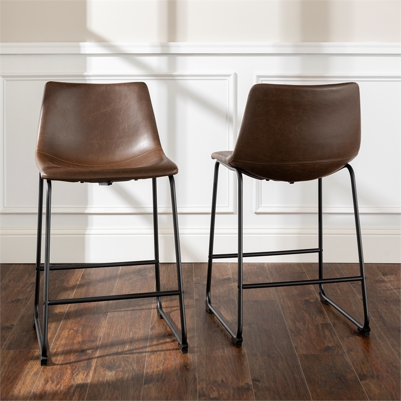 Pemberly Row Faux Leather Bar Stool Chair Set of 2 in Brown - Saddle Seat