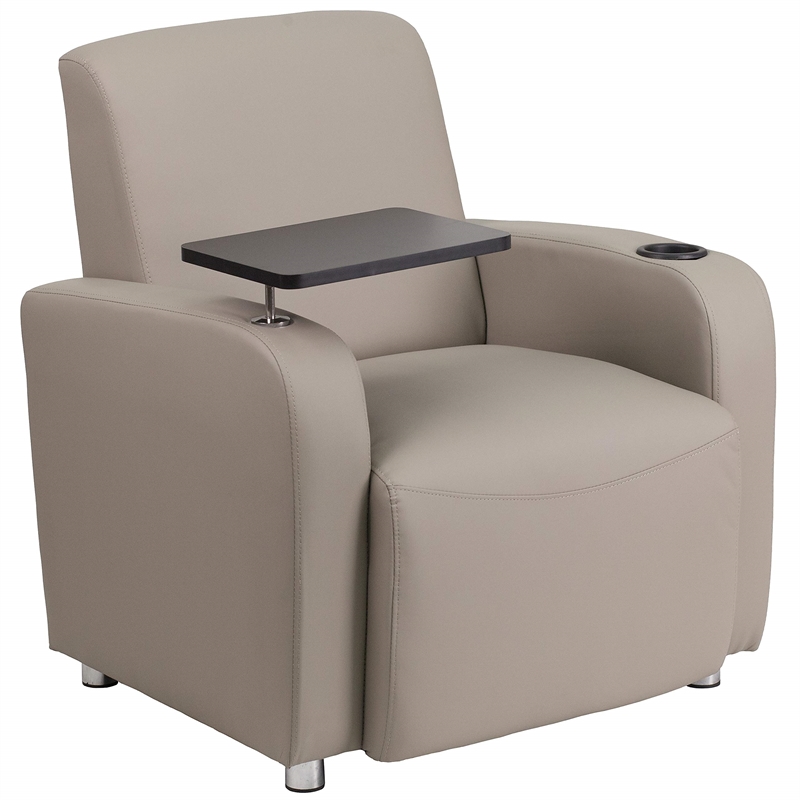 Pemberly Row Leather Guest Chair with Cup Holder in Gray