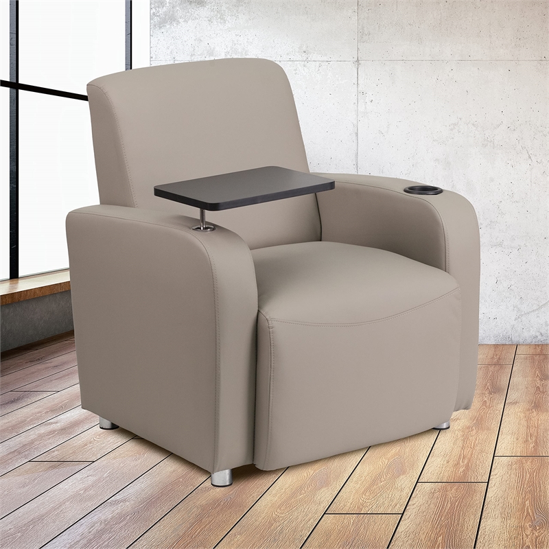 Pemberly Row Leather Guest Chair with Cup Holder in Gray