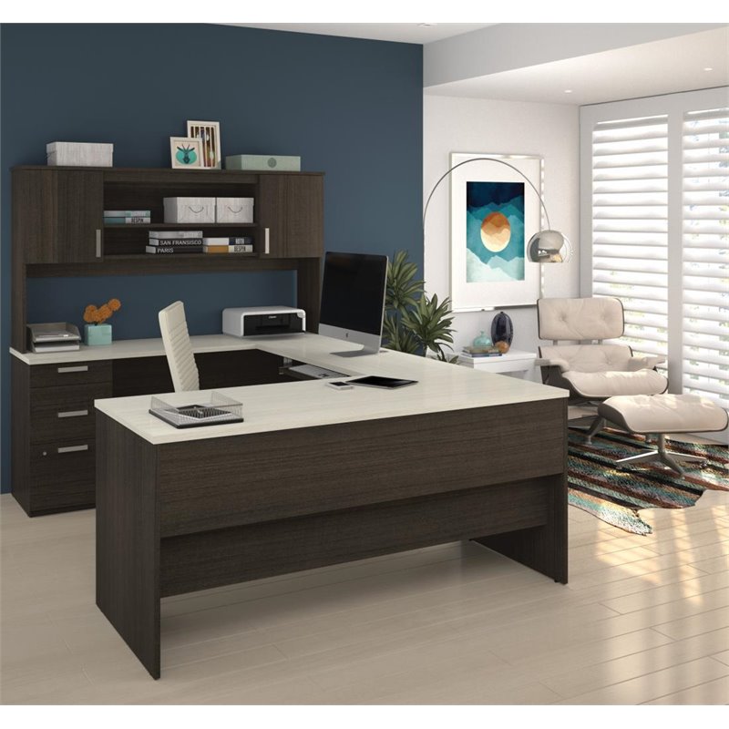Pemberly Row U Shaped Computer Desk in Dark and White Chocolate