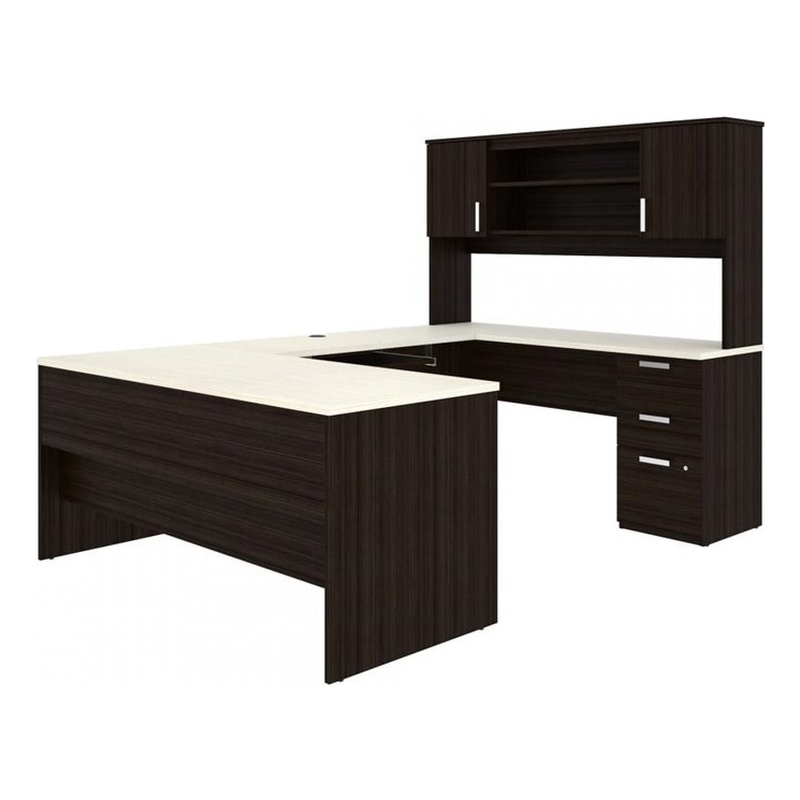 Pemberly Row U Shaped Computer Desk in Dark and White Chocolate