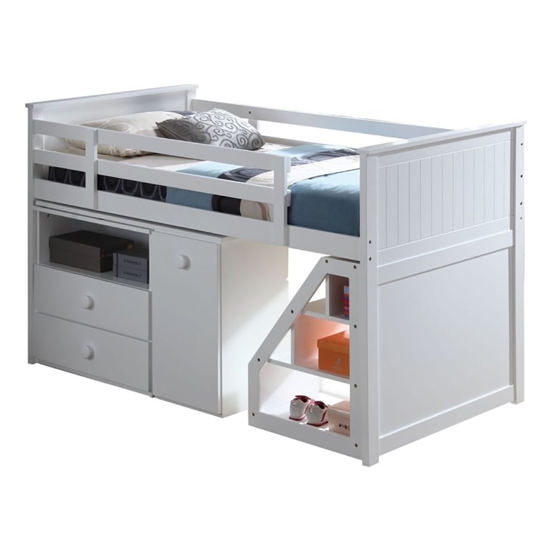 Pemberly Row Contemporary Wood Loft Bed with Chest and Swivel Desk in White