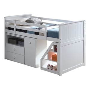 Pemberly Row Contemporary Wood Loft Bed with Chest and Swivel Desk in White