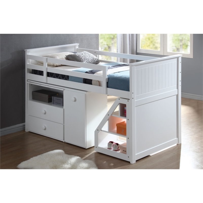 Pemberly Row Contemporary Wood Loft Bed with Chest and Swivel Desk in White