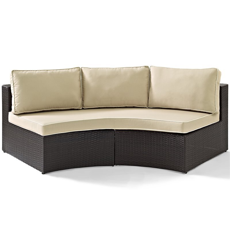 Pemberly Row Wicker Patio Round Sectional Sofa with Sand Cushions