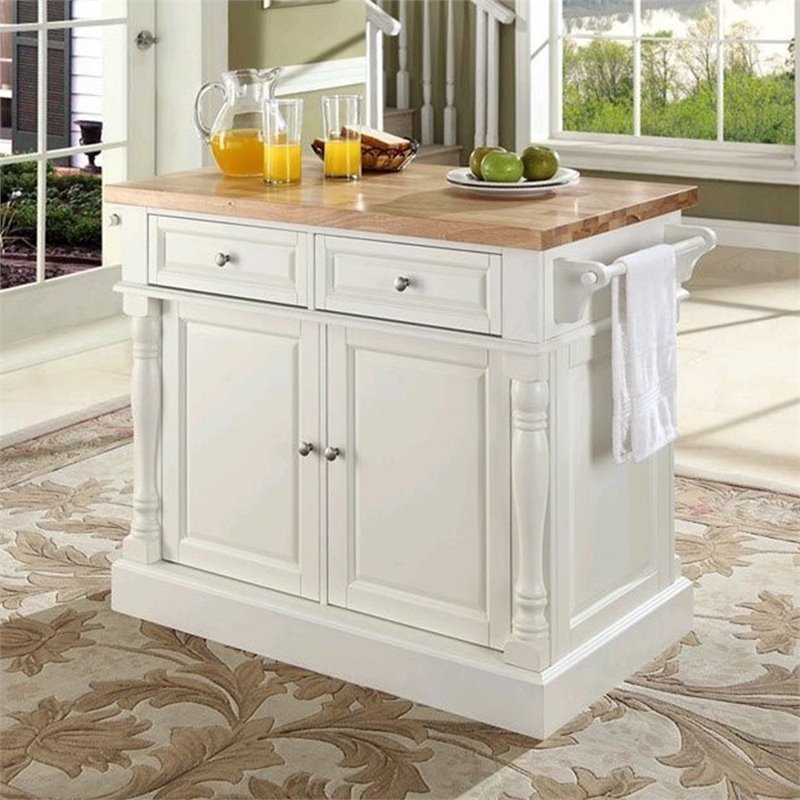 Pemberley Row Solid Rubber Wood White Kitchen Island Rectangular Butcher Block Unassembled