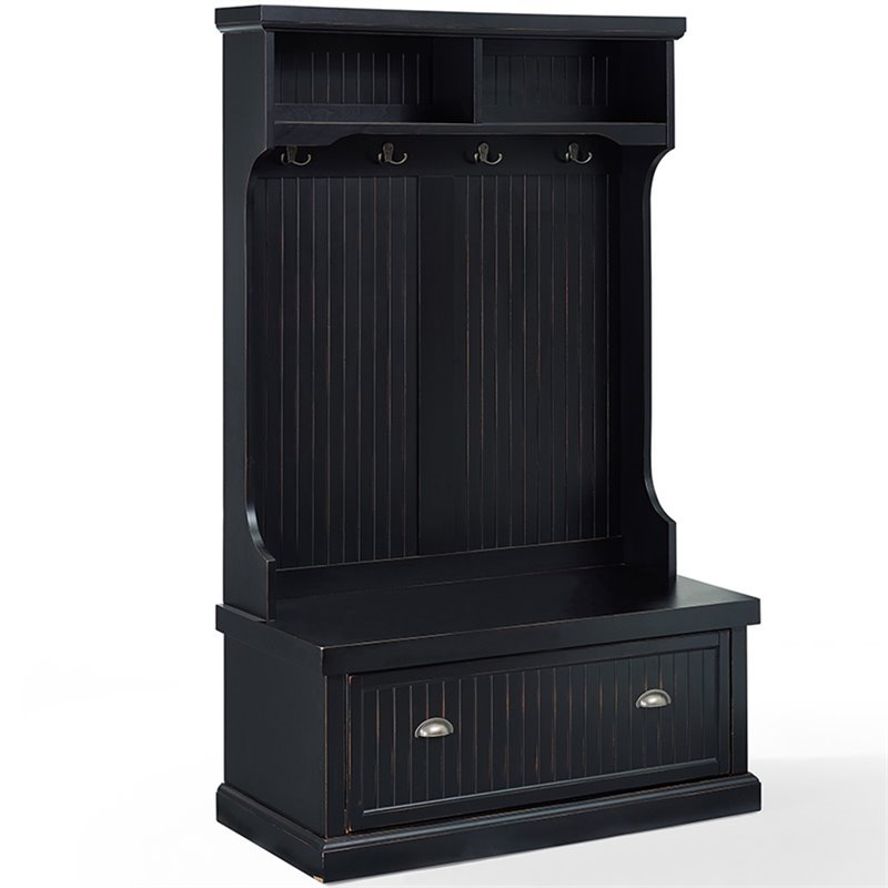 Pemberly Row Coastal Wood Hall Tree in Distressed Black Finish