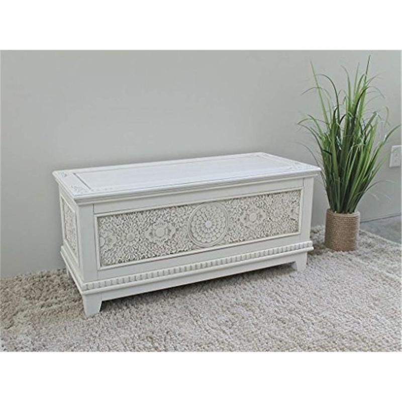 Pemberly Row Hardwood Carved Storage Trunk Bench in Antique White