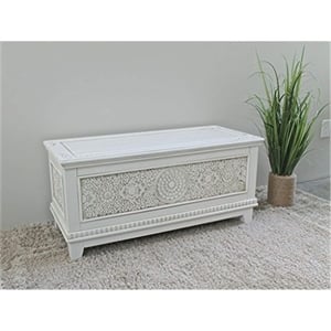 Pemberly Row Hardwood Carved Storage Trunk Bench in Antique White