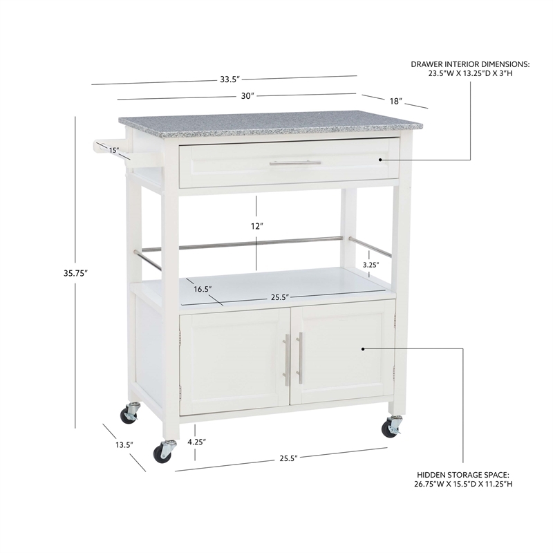 Pemberley Row Wood White Kitchen Cart Rectangular Granite Top 33.5